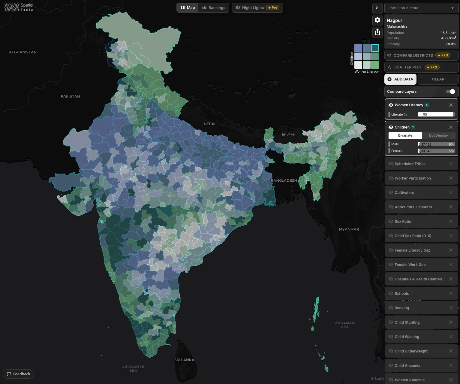 Bivariate choropleth map showing two variables simultaneously